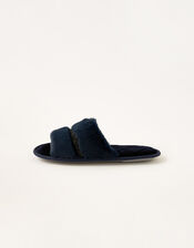 Glitter Trim Faux Fur Slippers, Blue (NAVY), large