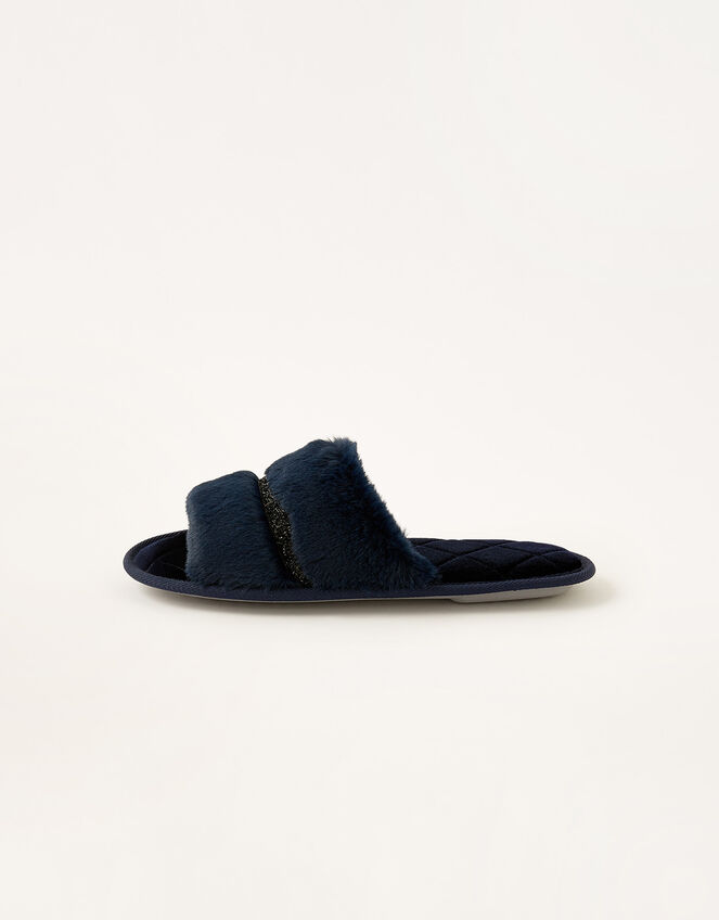 Glitter Trim Faux Fur Slippers, Blue (NAVY), large