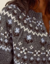 Fleur Floral Fair Isle Crew Neck Cardigan, Grey (GREY), large
