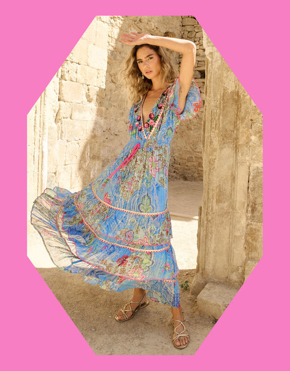 Piti Cuiti Paisley Print Tiered Maxi Dress, Blue (BLUE), large