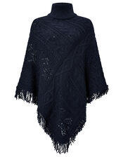 Fringe Trim Chunky Knit Poncho, , large