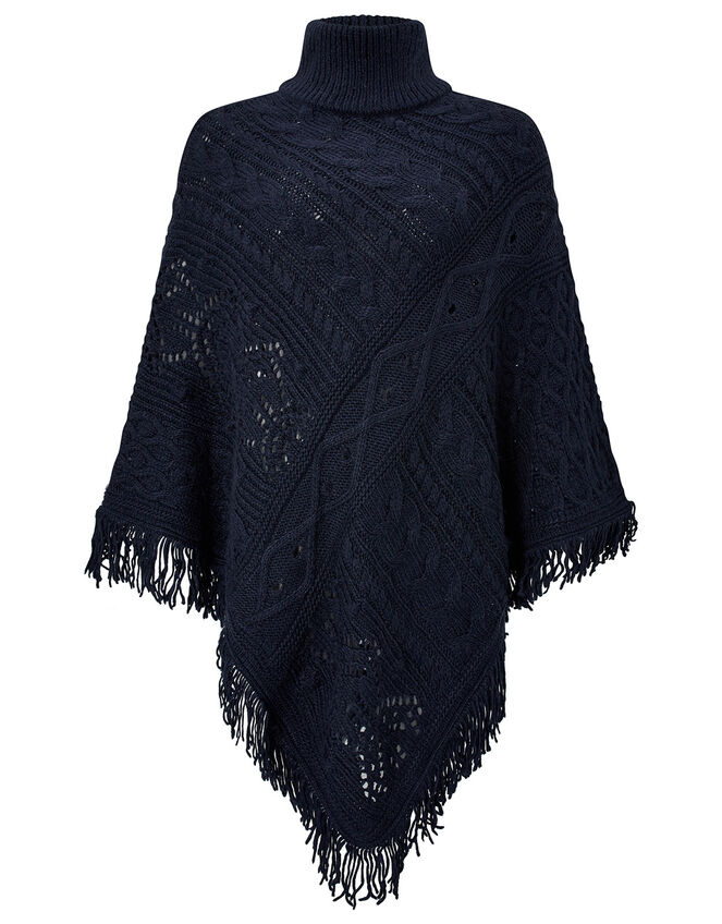 Fringe Trim Chunky Knit Poncho, , large