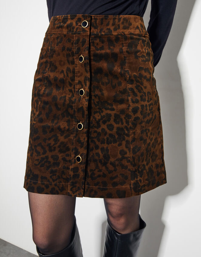 Aida Leopard Print Button Mini Skirt, Brown (BROWN), large