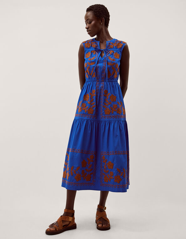 Madison Sleeveless Embroidered Midi Dress, Blue (COBALT), large
