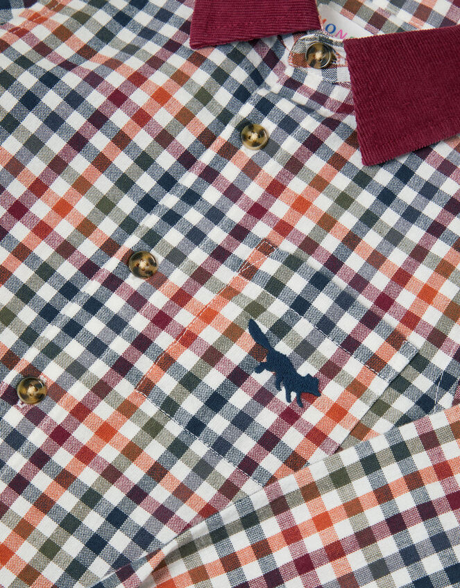 Corduroy Collar Gingham Shirt, Brown (BROWN), large