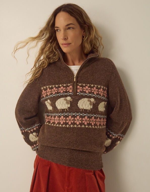 Shona Half Zip Sheep Jumper, Brown (CHOCOLATE), large