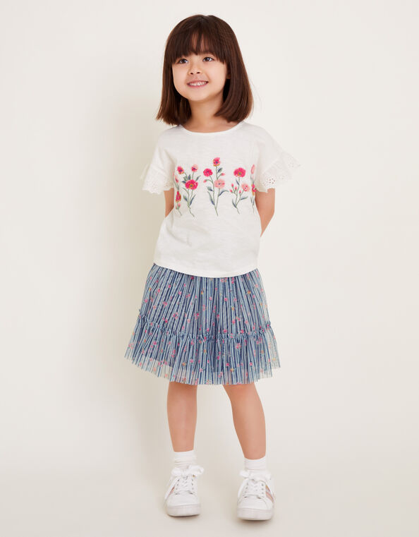 Floral T-Shirt and Tulle Skirt Set, Blue (BLUE), large