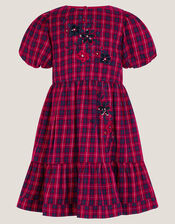 Floral Tartan Puff Sleeve Dress, Red (RED), large
