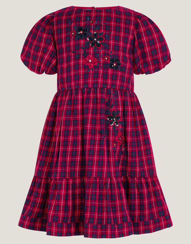 Floral Tartan Puff Sleeve Dress, Red (RED), large