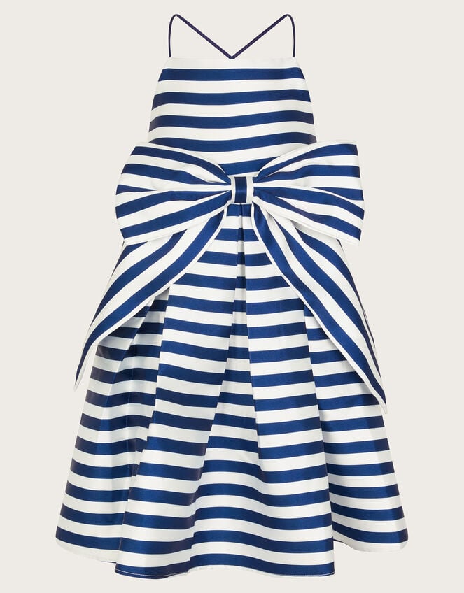 Stripe Bow Twill Party Dress, Blue (BLUE), large