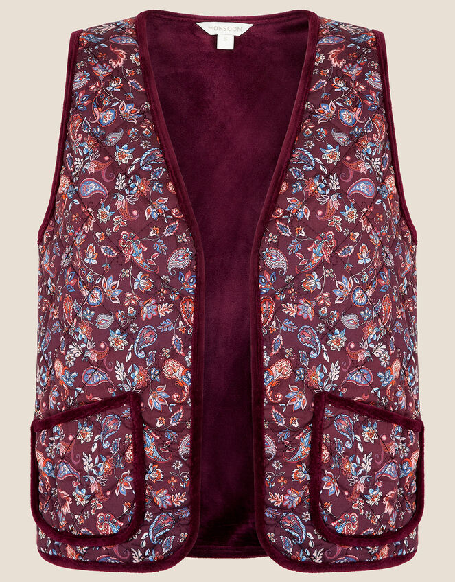 Paisley Print Quilted Waistcoat with Sustainable Cotton, Red (BURGUNDY), large