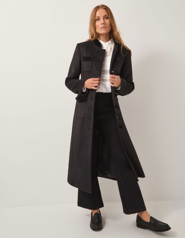 Viv Velvet Trim Military Coat, Black (BLACK), large