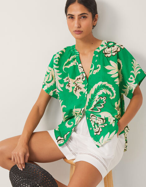 Kristen Floral Cotton Shirt, Green (GREEN), large