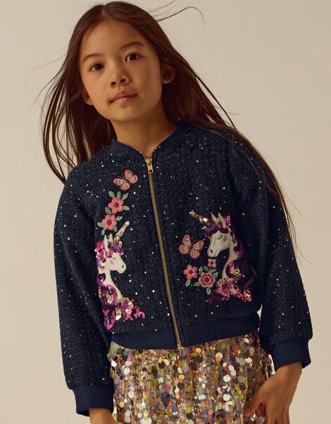 Sequin Unicorn Woven Bomber Jacket, Blue (NAVY), large