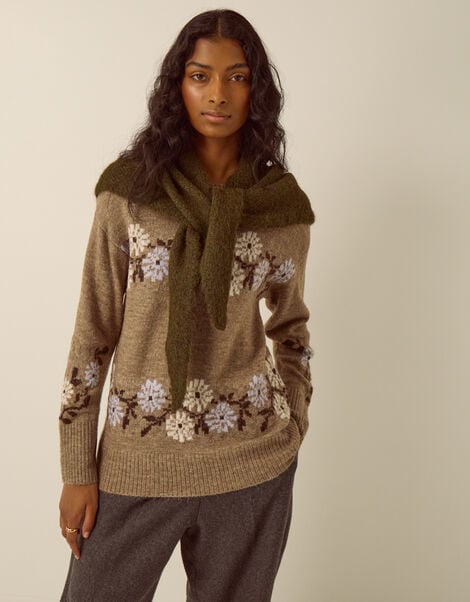 Taya Large Knitted Triangle Scarf, Green (KHAKI), large