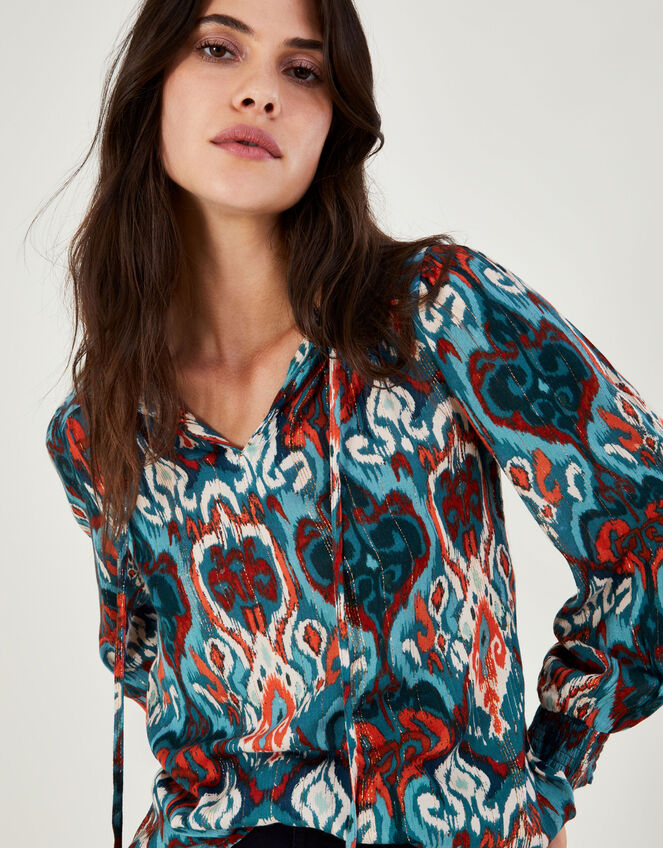 Ikat Print Metallic Base Top with LENZING™ ECOVERO™, Teal (TEAL), large