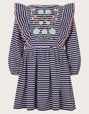 Floral Embroidered Stripe Ruffle Dress, Blue (NAVY), large