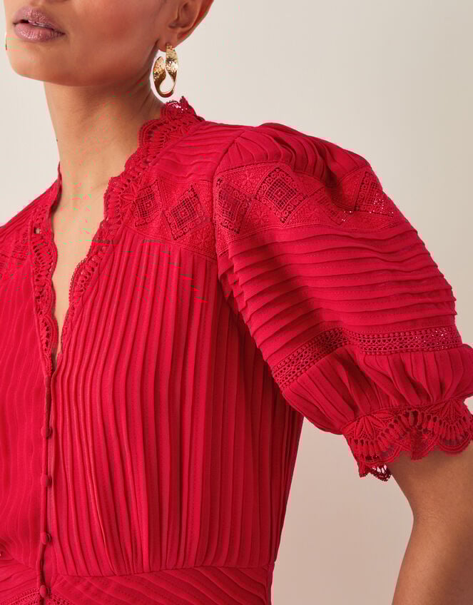 Kiana Pintuck Puff-Sleeve Midi Dress, Red (RED), large