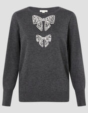 Di Sequin Bow Crew Neck Sweater, Gray (DARK GREY), large