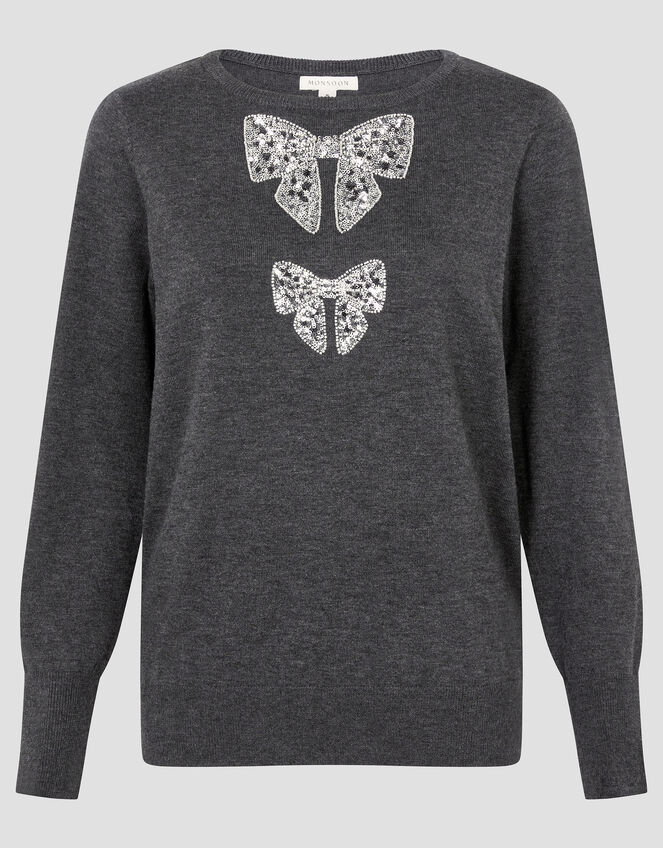 Di Sequin Bow Crew Neck Sweater, Gray (DARK GREY), large