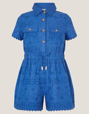 Short Sleeve Broderie Playsuit, Blue (BLUE), large