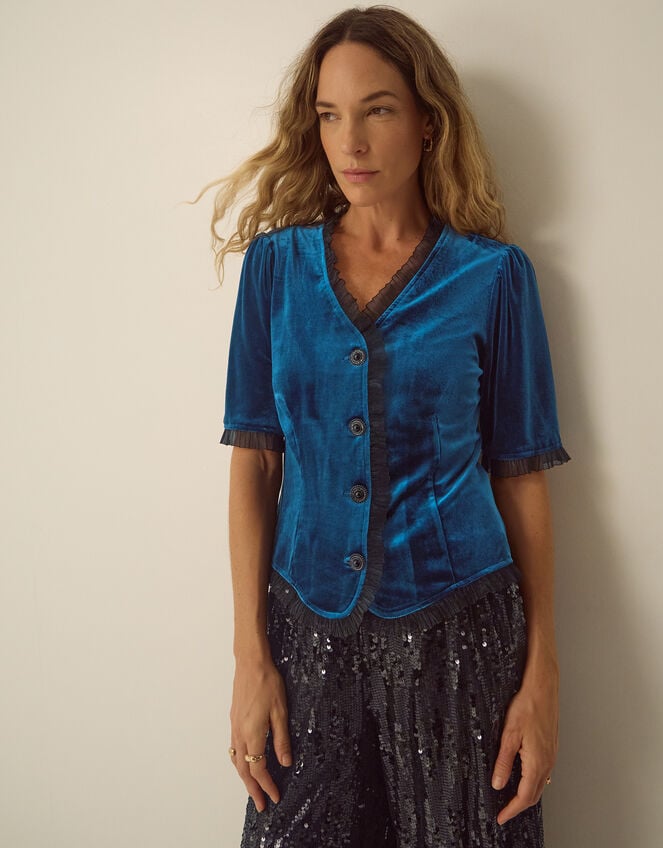 Vanessa V-Neck Velvet Top, Teal (TEAL), large