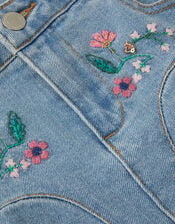 Floral Embroidered Denim Mini Skirt, Blue (BLUE), large