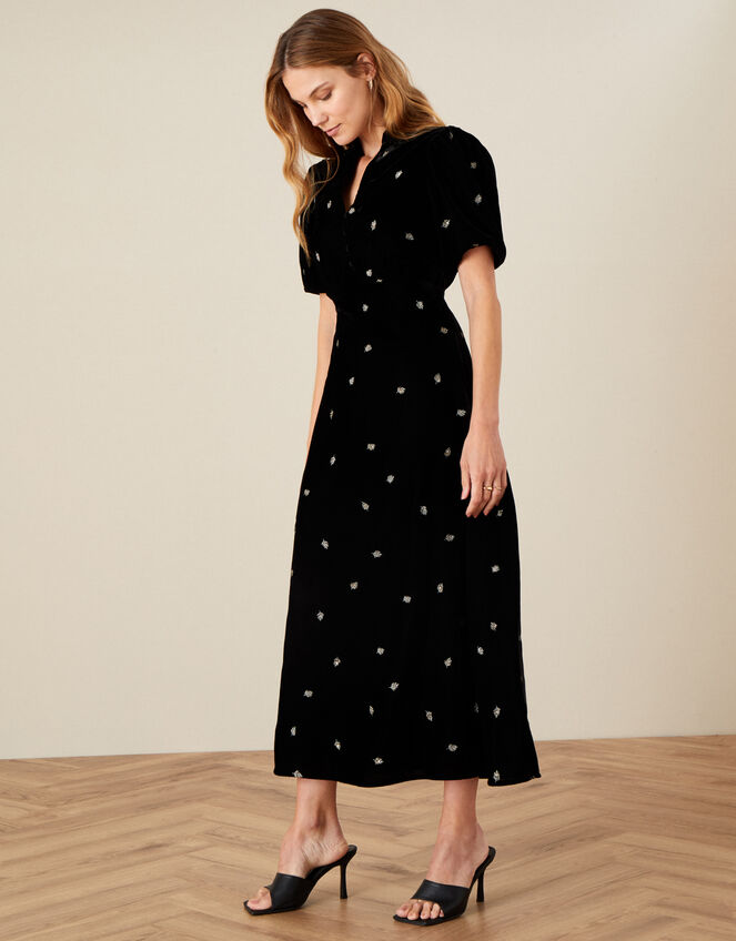 Embroidered Feather Velvet Maxi Dress, Black (BLACK), large