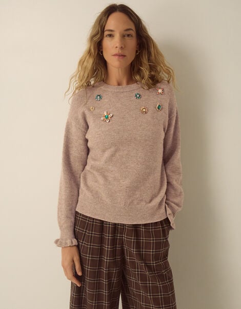 Britt Brooch Crew Neck Jumper, Mink (MINK), large