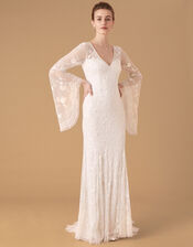Evelina Bridal Fluted Sleeve Embellished Dress, Ivory (IVORY), large