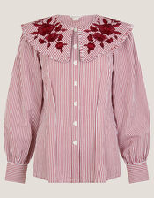 Marta Floral Embroidered Stripe Shirt, Red (CHERRY), large