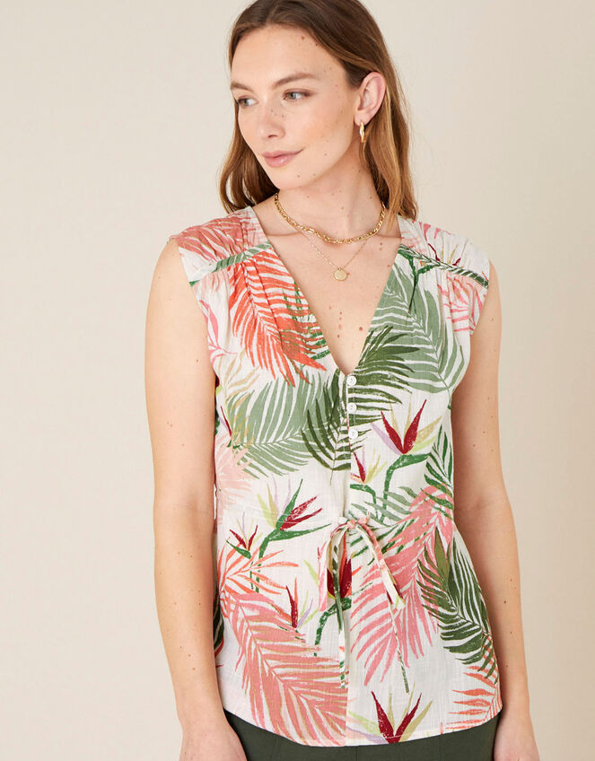 Palm Print Top in Pure Cotton, Natural (STONE), large