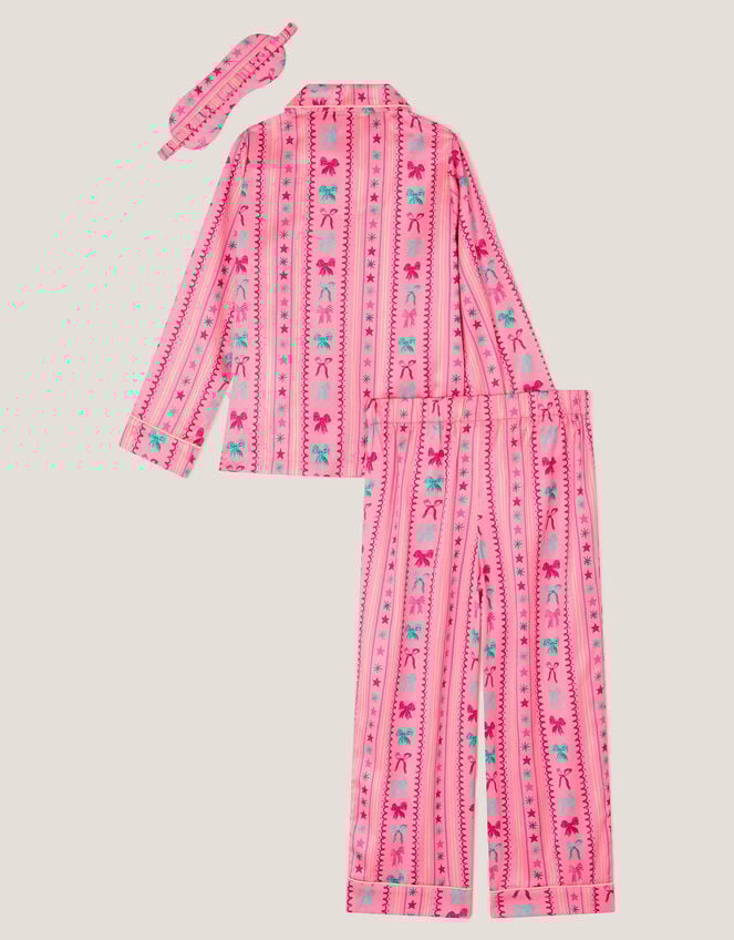 Bow Print Satin Long Pyjamas & Sleep Mask Set, Pink (PINK), large