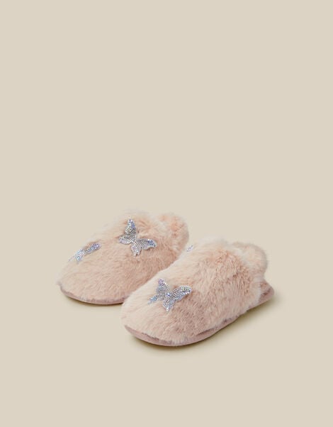 Fluffy Rhinestone Butterfly Slippers, Ivory (IVORY), large
