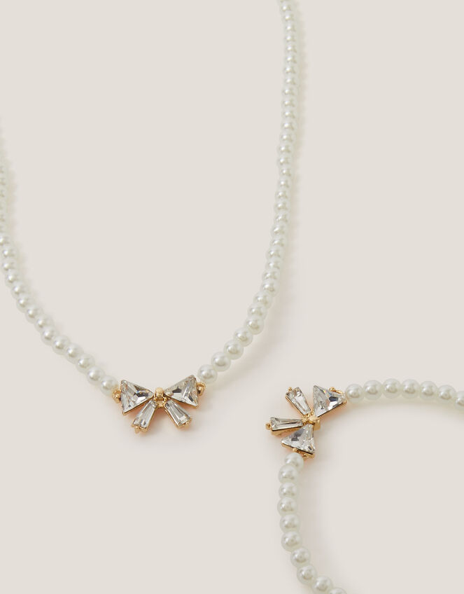 Jewel Bow Pearl Necklace & Bracelet Set, , large