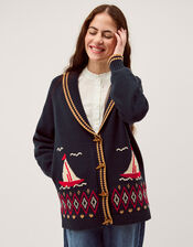 Sapna Intarsia Sailor Cardigan, Blue (NAVY), large