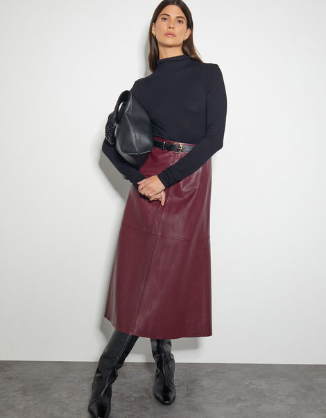 Pippa Faux Leather Midi Skirt, Red (BURGUNDY), large