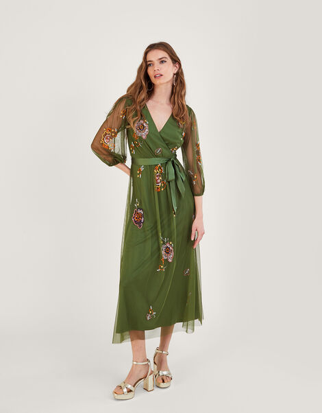 Reese Embellished Wrap Dress in Recycled Polyester Green, Green (GREEN), large