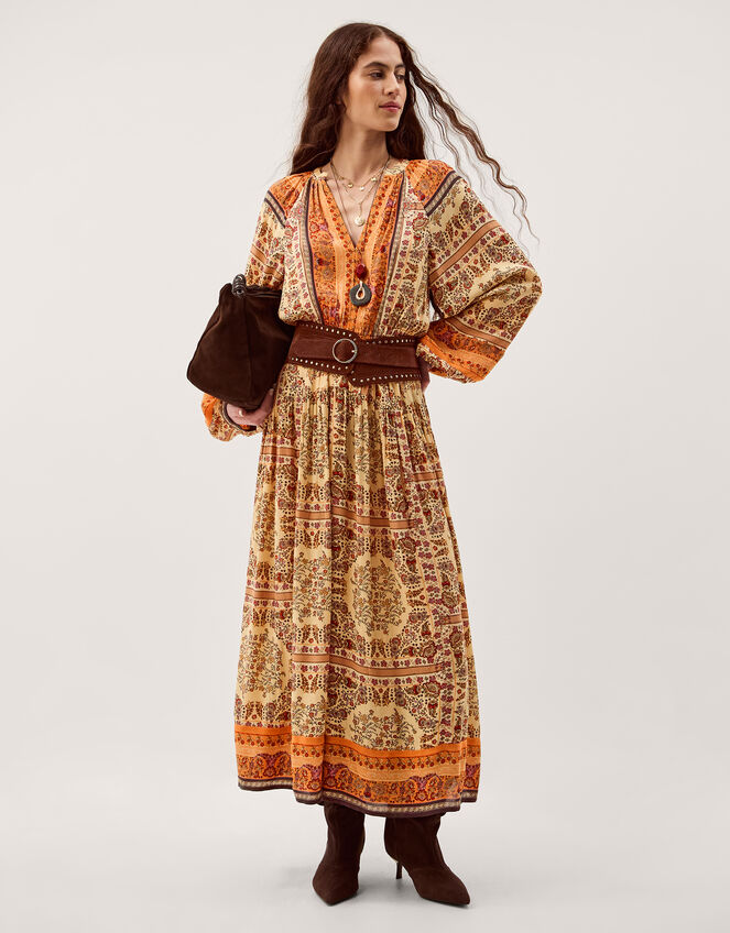 Ines Floral Print Midi Dress, Natural (STONE), large