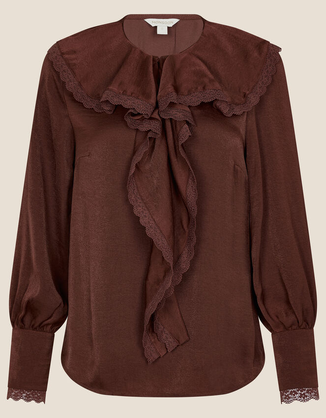 Quinn Ruffle Satin Long Sleeve Blouse, Brown (CHOCOLATE), large