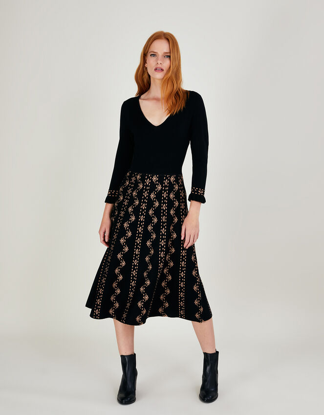 V-Neck Pattern Knit Dress in Sustainable Viscose, Black (BLACK), large