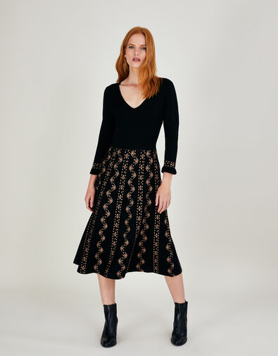 V-Neck Pattern Knit Dress in Sustainable Viscose Black, Black (BLACK), large