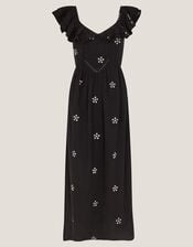 Daisy Frill Embroidered Midi Dress, Black (BLACK), large