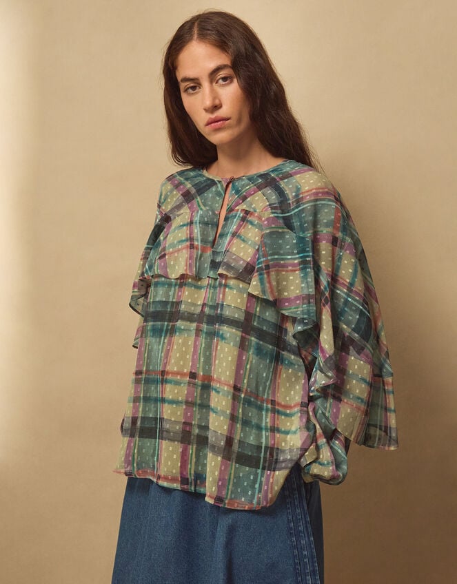 East Clarissa Hand-Painted Check Print Blouse, Teal (TEAL), large
