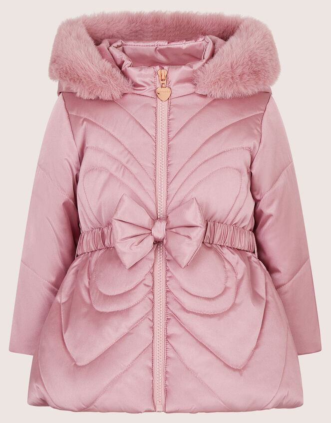 Faux Fur Belted Bow Coat, Pink (PINK), large