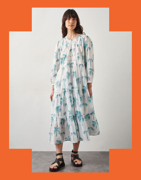 East Pami Palm Print Midi Dress, Ivory (IVORY), large