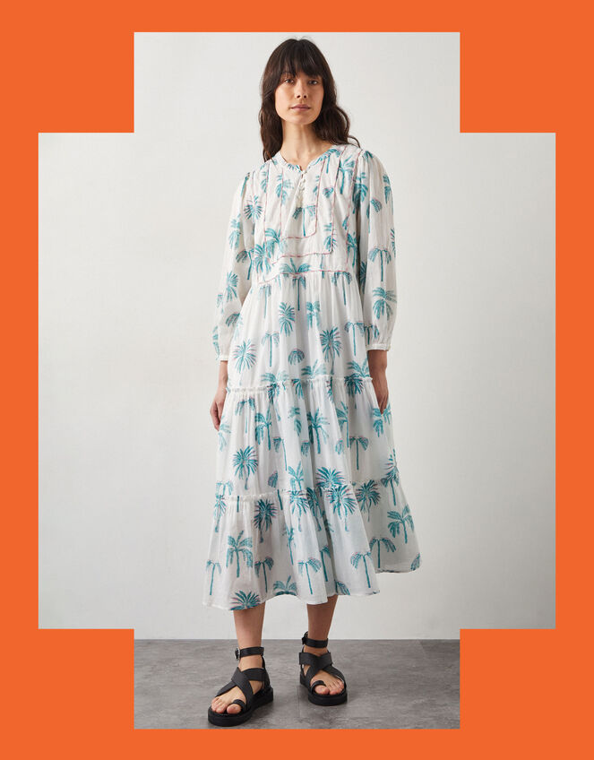East Pami Palm Print Midi Dress, Ivory (IVORY), large