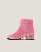 Velvet Glitter Heel Boots, Pink (PINK), large
