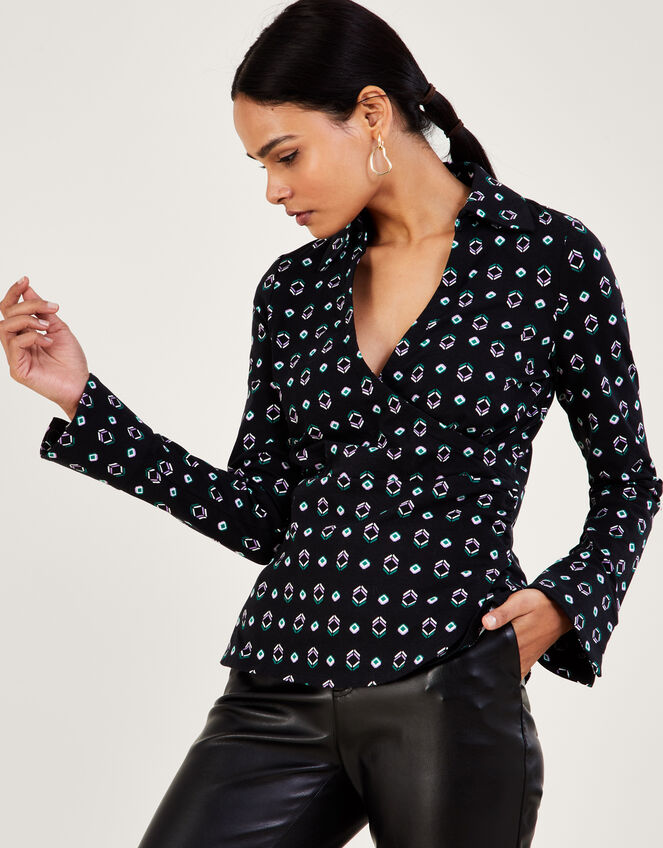 Geometric Print Ruched Jersey Wrap Shirt with Sustainable Cotton Black