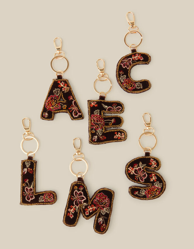Floral Embroidered Velvet Initial Keyring, Brown (CHOCOLATE), large